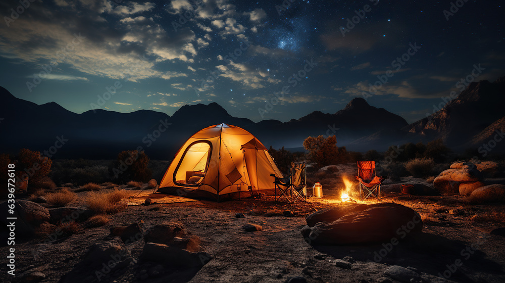 Starry Nights and Campfire Lights. Camping Outdoors with the Milky Way in the Background. Generative AI