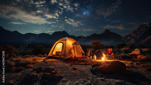 Starry Nights and Campfire Lights. Camping Outdoors with the Milky Way in the Background. Generative AI