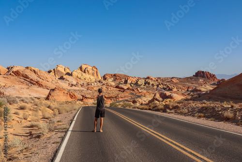 Man standing on endless winding empty road in Valley of Fire State Park leading to red Aztec Sandstone Rock formations and desert vegetation in Mojave desert, Overton, Nevada, USA. Freedom road trip