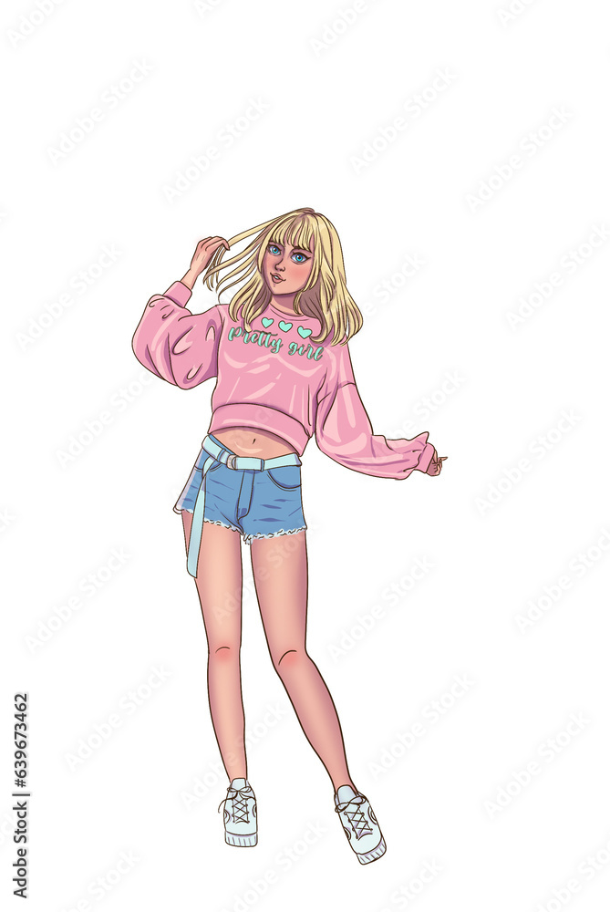 Naklejka premium Blonde girl in pink shirt and jean shorts.