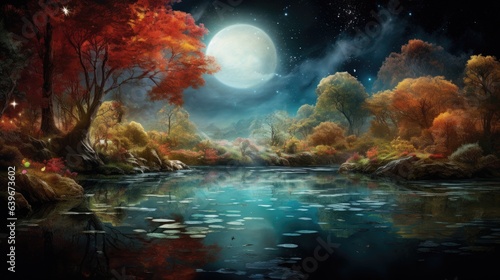 Mystical Moonlight  A Surreal Autumn Oasis  Reflecting Vibrant Hues in a Crystal Clear Pond