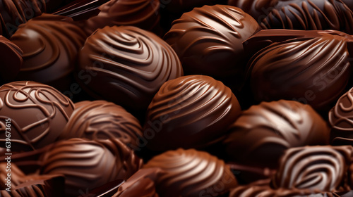 Assortment of fine chocolate candies, white, dark, and milk chocolate Sweets background. Copy space.