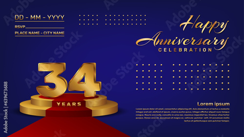 34th anniversary celebration vector template with 3D numbers style and golden stage, Vector template