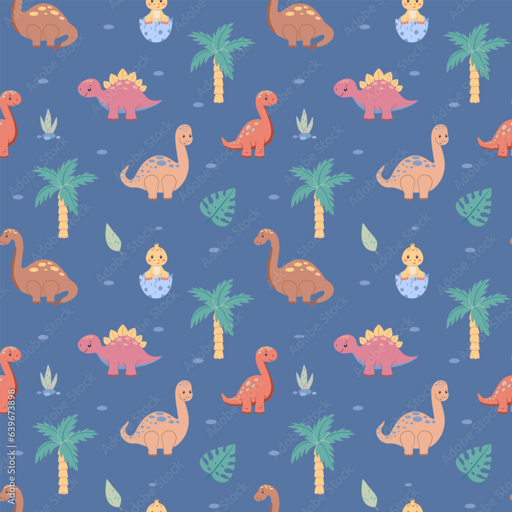 Bright childish seamless pattern with dinosaurs. Cute animals, trees, colorful cartoon vector illustration for kids decor and textiles. Bright childish seamless pattern with dinosaurs. Cute animals, trees, colorful cartoon vector illustration for kids decor and textiles.
