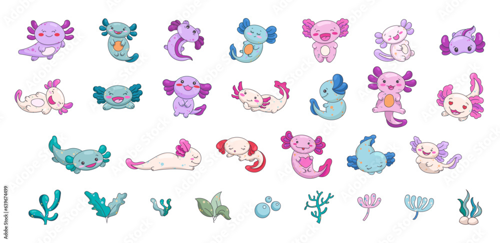 Axolotl cute kawaii character. Underwater plants and algae. Vector illustration. Collection design elements. Axolotl cute kawaii character. Underwater plants and algae. Vector illustration. Collection design elements.