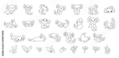 Axolotl cute kawaii character. Underwater plants and algae. Coloring Page. Vector illustration. Collection design elements.