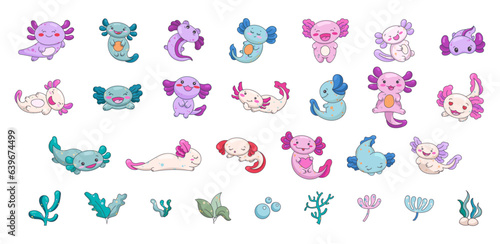 Axolotl cute kawaii character. Underwater plants and algae. Vector illustration. Collection design elements.