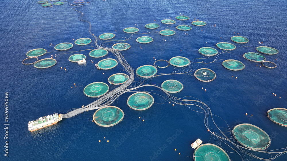 Aerial drone photo of latest technology fish farm breeding cages in fishery unit located in Mediterranean deep blue sea