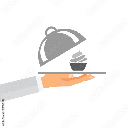 Hand of a person holding a tray with a cloche and an ice cream 