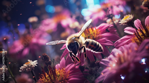 bee flying over a colorful flower garden - Macro of a bee in a garden - Macro of a colorful garden with bee  photo