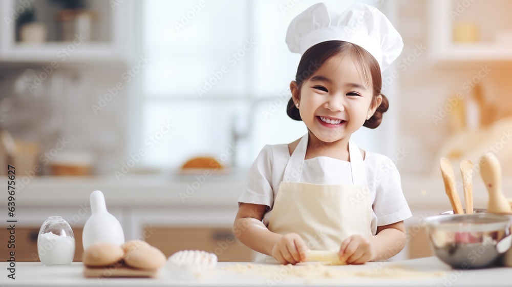 Happy funny asian little girl chef wearing chef hat and uniform preparing food isolated on blurred kitchen background with copy space Happy funny asian little girl chef wearing chef hat and uniform preparing food isolated on blurred kitchen background with copy space