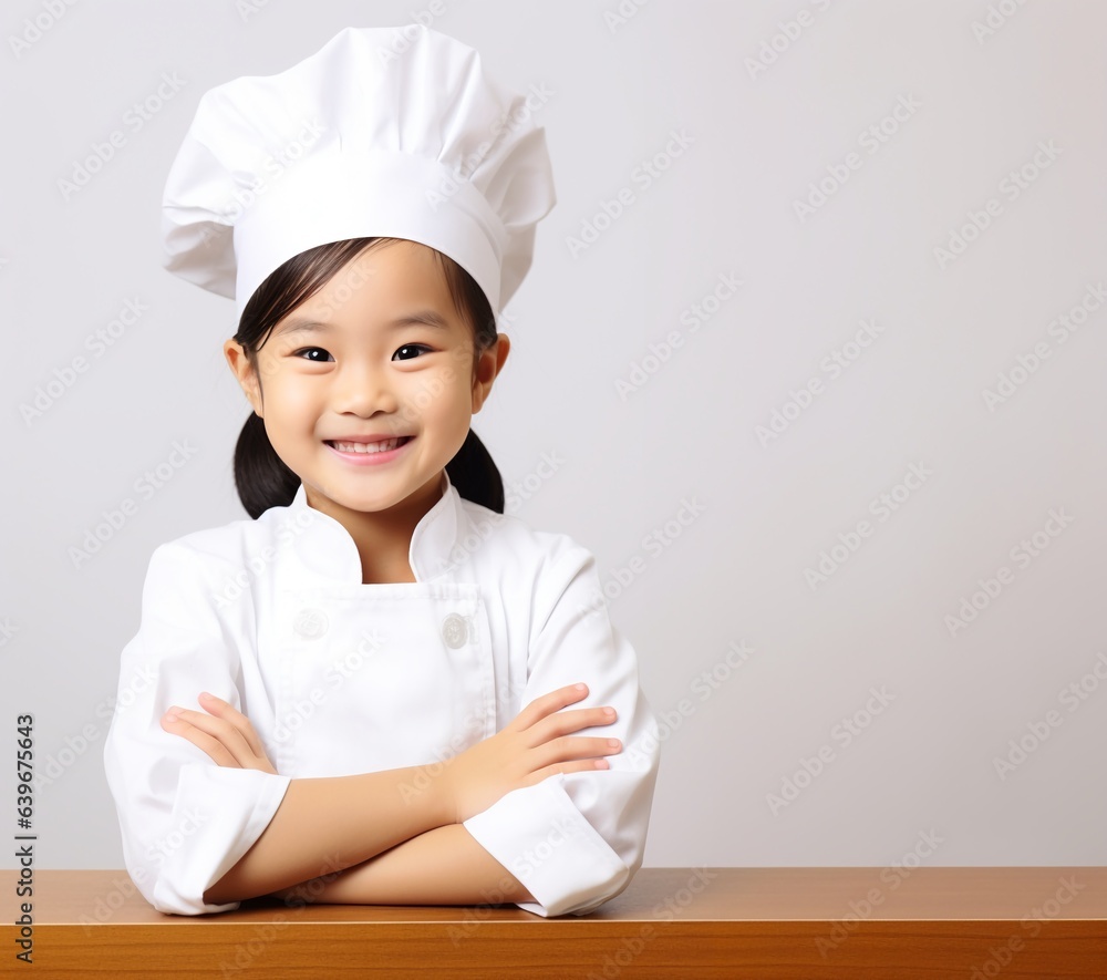 Happy funny little girl chef wearing chef hat and uniform cross arms isolated on gray background with copy space. Happy funny little girl chef wearing chef hat and uniform cross arms isolated on gray background with copy space.