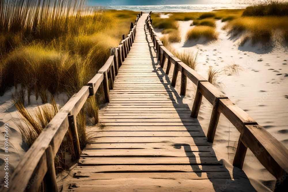 Fototapeta premium a wooden boardwalk stretching across the sand, leading towards the water's edge