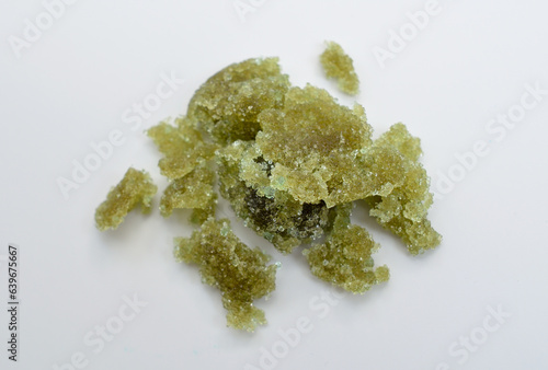 Iron II sulfate or sulphate, ferrous sulfate. Also copperas and green vitriol. photo