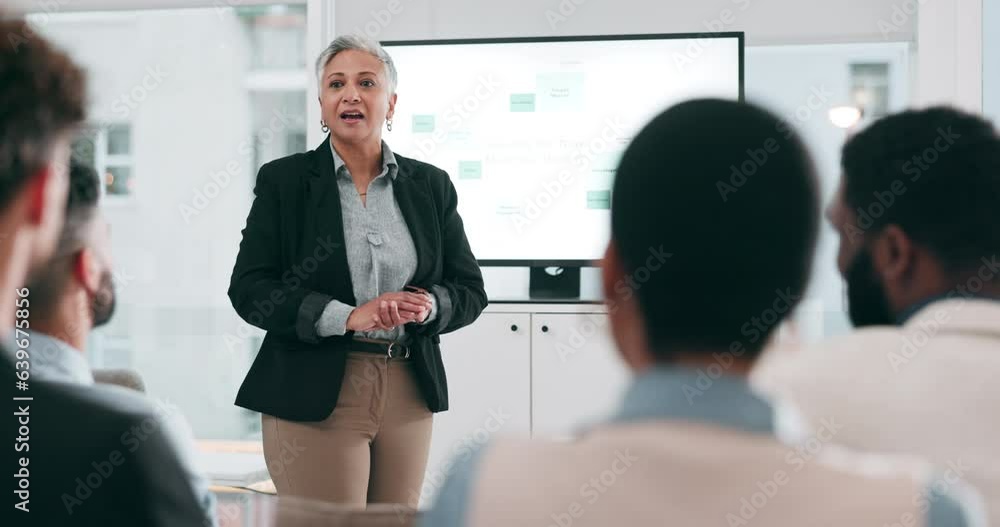 Business people, feedback and woman with presentation, seminar and ...