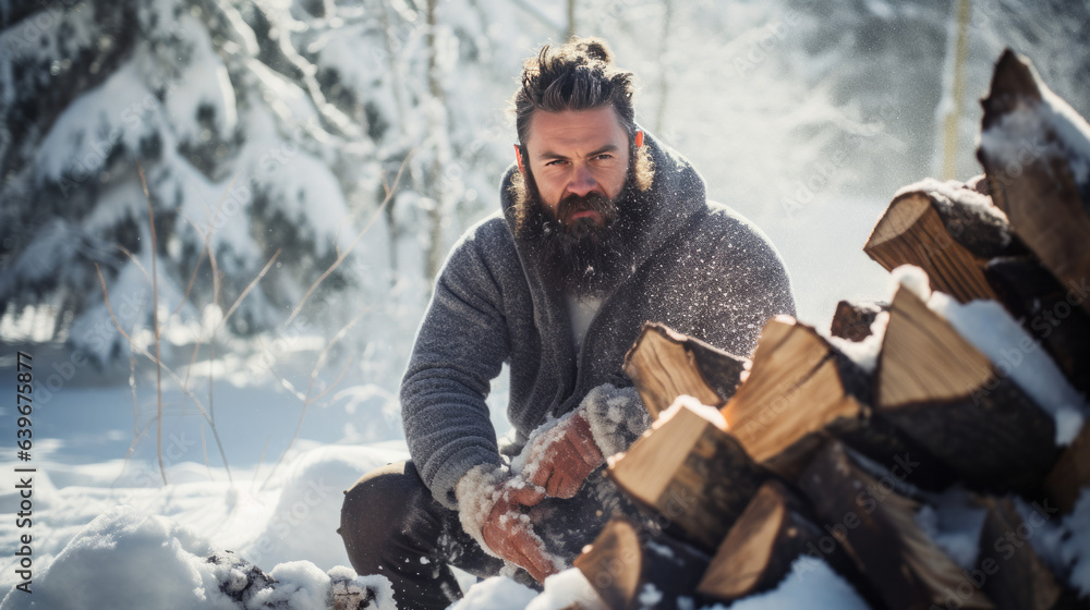 Fototapeta premium Man chopping wood in the snow - Man working in the snow - Man in the cold