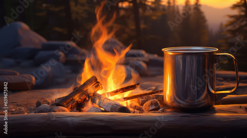 Metal campfire enamel mug with hot herbal tea on campfire. a pot of water boiling over a fire and a flame. Preparing food on campfire in wild camping photo