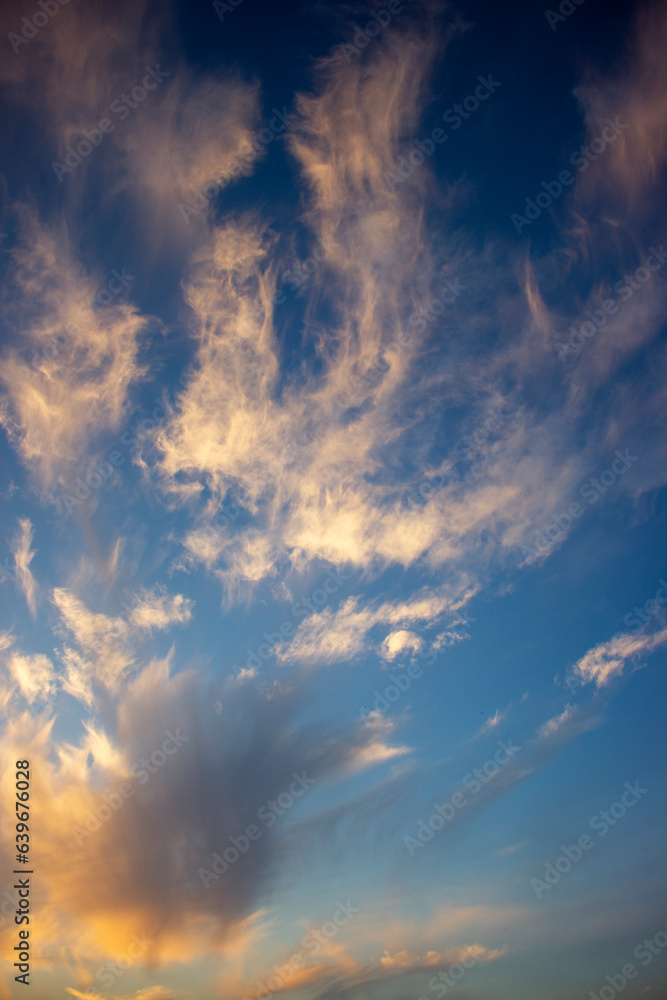 Sky with clouds at sunset. Vertical photo.