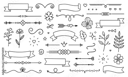 Text dividers doodle set. Boho arrows. Wedding decorative elements with leaves, swirls, hearts. Divider ornament, borders, lines. Hand drawn vector illustration isolated on white background
