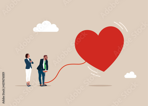 Businessman pumps up a balloon of a love heart shape floats higher. Valentines day concept. Vector illustration in flat style.