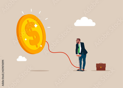 Human pumps up a balloon of a coin dollar sign. Financial freedom. Business strategy, idea, investment, wealth. Flat vector illustration