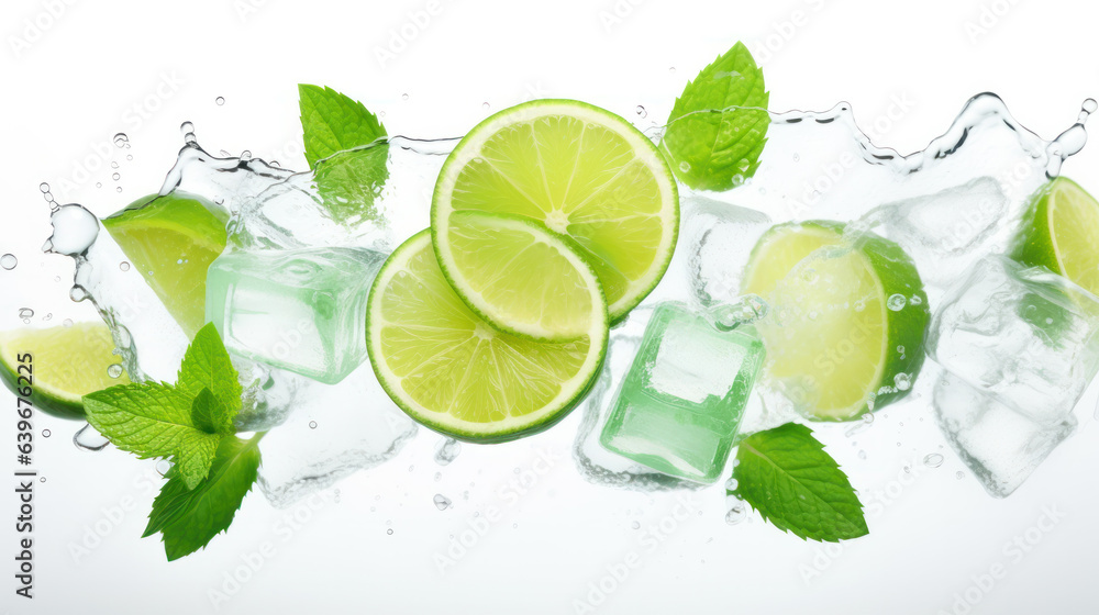 Ice cubes, mint leaves, lime on white background Ice cubes, mint leaves, lime on white background