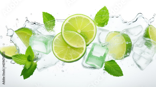 Ice cubes, mint leaves, lime on white background