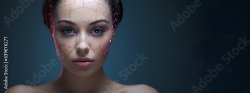Futuristic female face with pink lines on the skin.