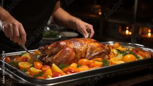  A professional chef in the kitchen prepares a turkey carcass for Thanksgiving. Nice presentation on the table. Cook's kitchen. Generative ai