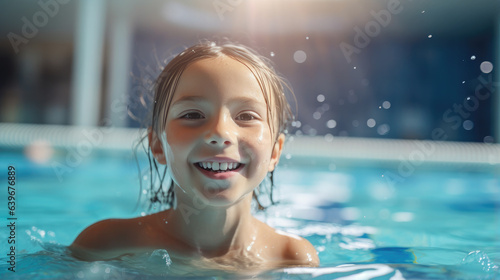 Generative AI  child  boy or girl swimming in the pool  swimming training  sports lifestyle  kids sports activities  childhood  water sports  emotions  kids swim