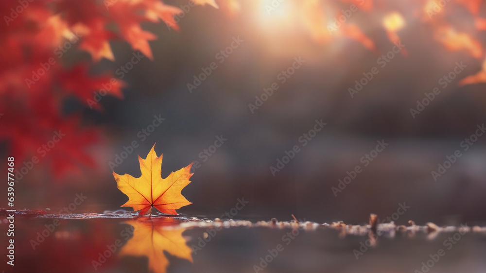 autumn banner with red and yellow maple leaves reflecting in water with soft focus and light, background, bokeh autumn banner with red and yellow maple leaves reflecting in water with soft focus and light, background, bokeh