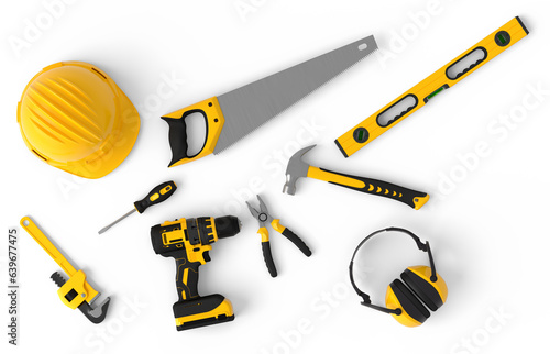 Flying view of yellow construction tools for repair on white background