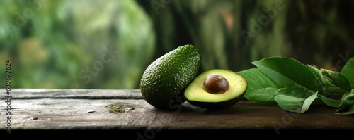 Ripe fresh green avocado on a wooden table. Beautiful gentle setting. Banner photo. Generative AI