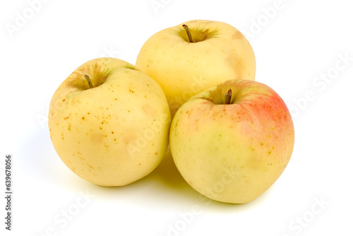 Ripe yellow apple fruits, isolated on white background.