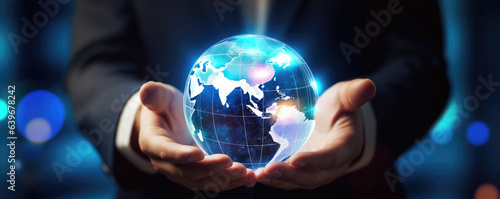 Businessman holding the hand of Globe AI Artificial Virtual. Generative ai