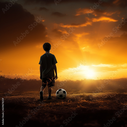Silhouette of boy playing football..