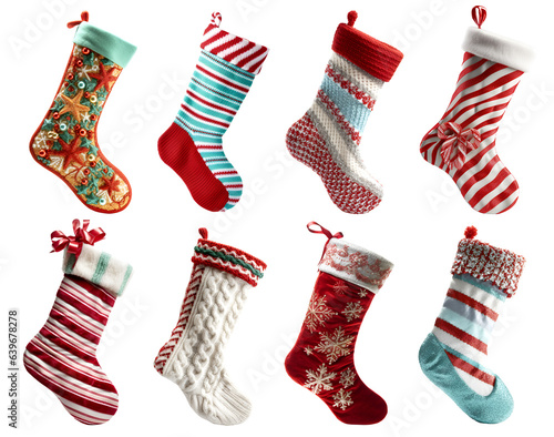 Christmas stocking colourful collection on transparent background cutout. PNG file. Many assorted different variety design. Mockup template for artwork design
