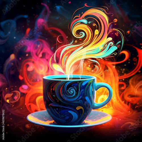 coffee cup with smoke swirls and flame on the colorful graffiti illustration background