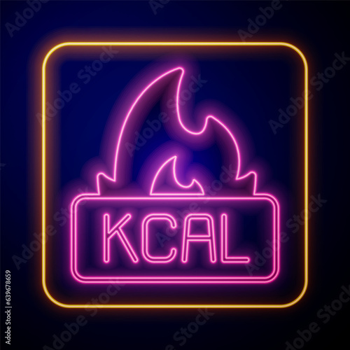 Glowing neon Kcal icon isolated on isolated on black background. Health food. Vector