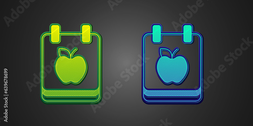 Green and blue Diet plan icon isolated on isolated on black background. Concept of fitness marathon, proper nutrition, healthy food, beautiful body, vegetables, slimming. Vector