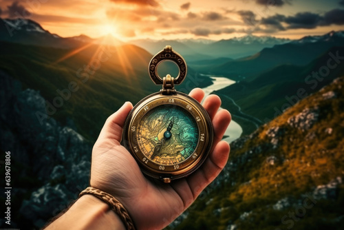 Beautiful landscape with old compass on traveler's hand. The concept of navigating the search for your own path. AI generated