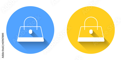 White Handbag icon isolated with long shadow background. Female handbag sign. Glamour casual baggage symbol. Circle button. Vector