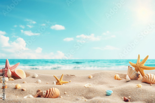 Sandy beach with collections of seashells and starfish as natural textured background. Generative AI © barmaleeva