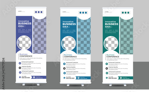 Three Colour Roll up banner set template or standee for presentation 