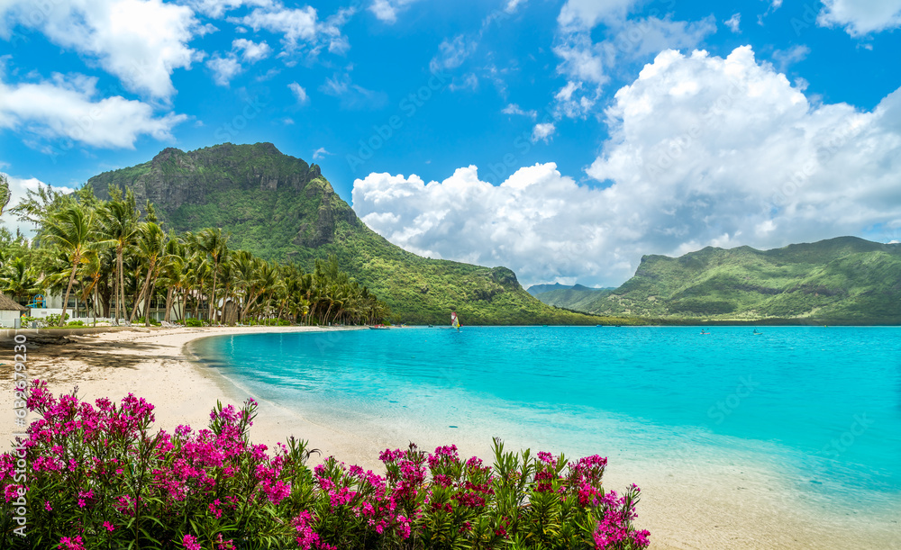 Landscape with Le Morne beach and mountain at Mauritius island, Africa - obrazy, fototapety, plakaty 