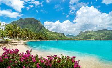 Aluminium schilderij Foto's Landscape with Le Morne beach and mountain at Mauritius island, Africa  © Balate Dorin