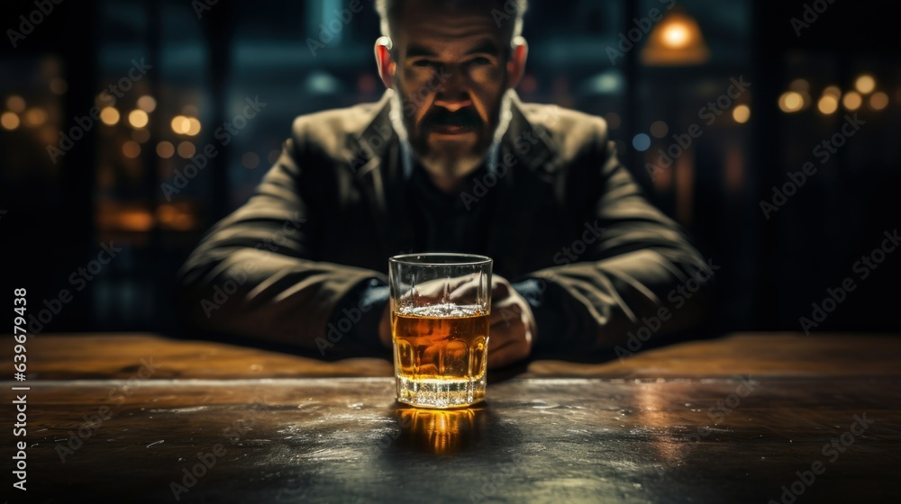 Binge drinking, Unhealthy alcohol use disorder. A glass of alcohol and a blurred silhouette of a man on the background. Dark atmosphere