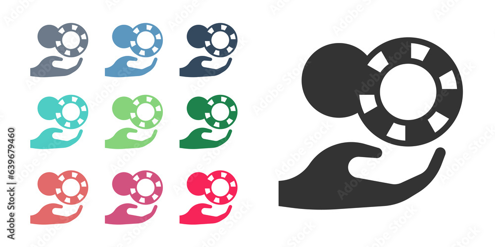 Black Hand holding casino chips icon isolated on white background. Casino gambling. Set icons colorful. Vector Black Hand holding casino chips icon isolated on white background. Casino gambling. Set icons colorful. Vector