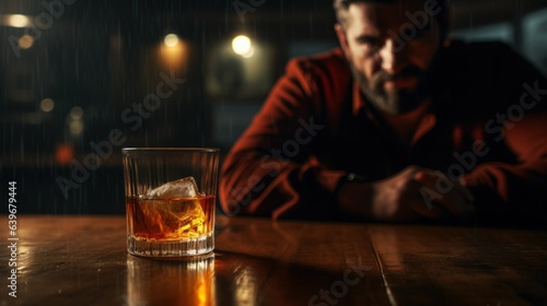 Binge drinking, Unhealthy alcohol use disorder. A glass of alcohol and a blurred silhouette of a man on the background. Dark atmosphere