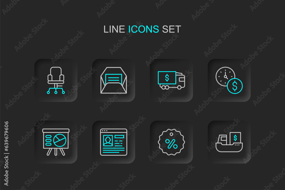 Set line Cargo ship with boxes delivery, Discount percent tag, Resume, Board graph, Time money, Armored truck, Envelope and Office chair icon. Vector